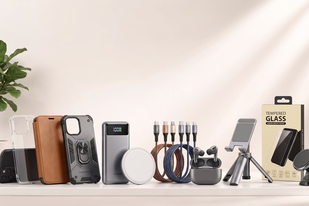 A lineup of phone accessories on a plain surface: cases, a power bank, a wireless charger, braided cables, earbuds, a phone stand and a tempered glass kit