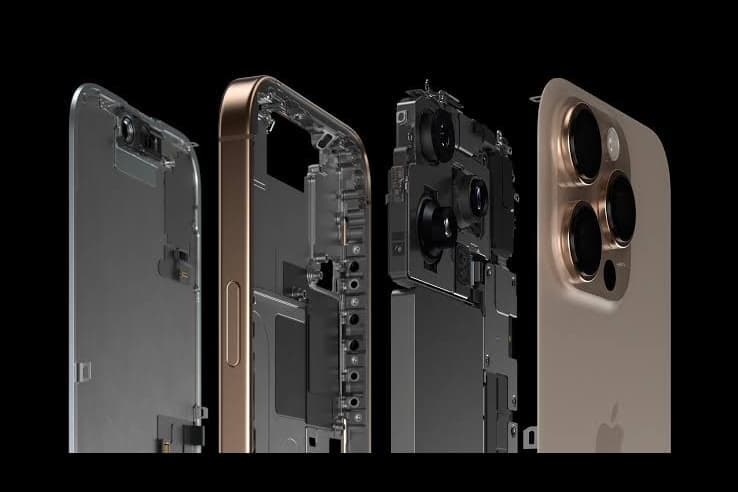 An Iphone shown in exploded view, with the screen, frame, camera assembly and back glass separated in layers
