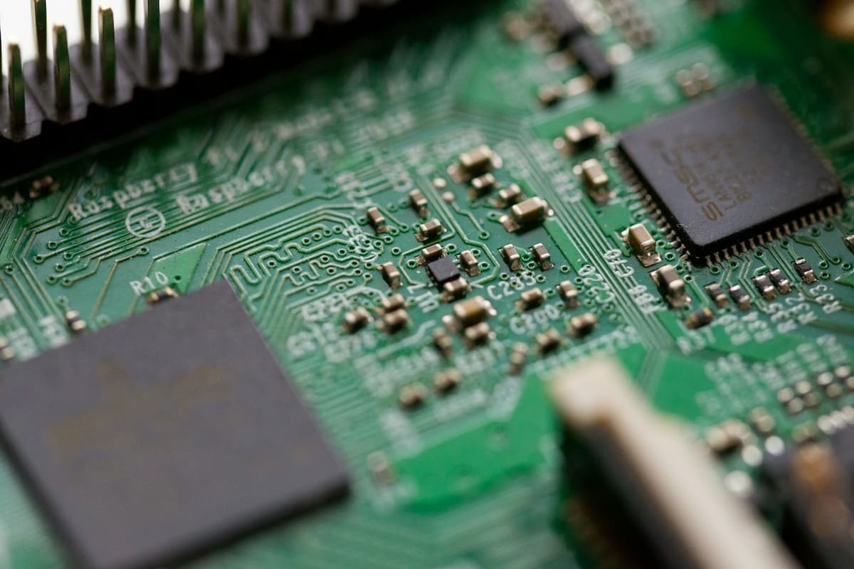 A close view of a green circuit board with surface-mounted chips and soldered components